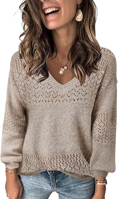 Womens Sweaters 2025 Fall V Neck Long Sleeve Hollow Knit Pullover Sweaters for Women