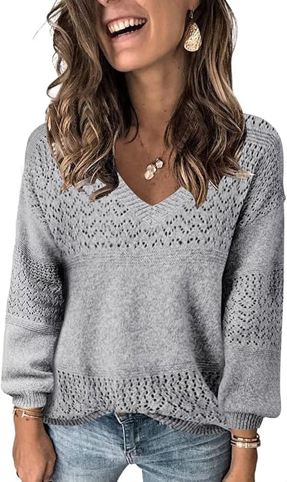 Womens Sweaters 2025 Fall V Neck Long Sleeve Hollow Knit Pullover Sweaters for Women