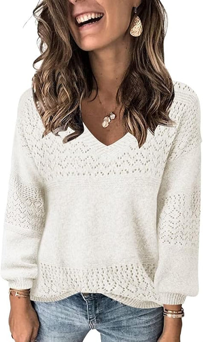 Womens Sweaters 2025 Fall V Neck Long Sleeve Hollow Knit Pullover Sweaters for Women