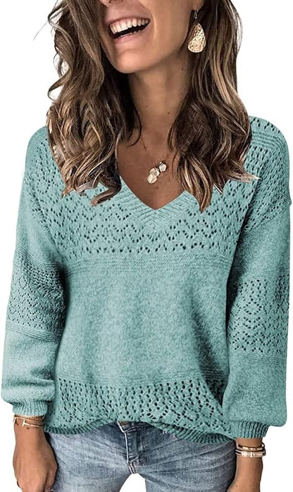 Womens Sweaters 2025 Fall V Neck Long Sleeve Hollow Knit Pullover Sweaters for Women