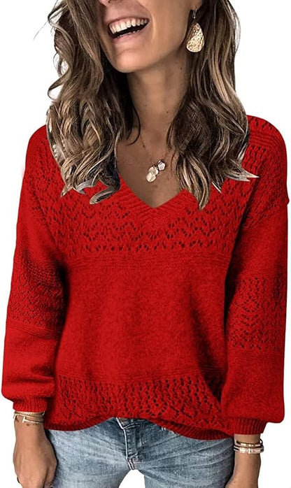 Womens Sweaters 2025 Fall V Neck Long Sleeve Hollow Knit Pullover Sweaters for Women