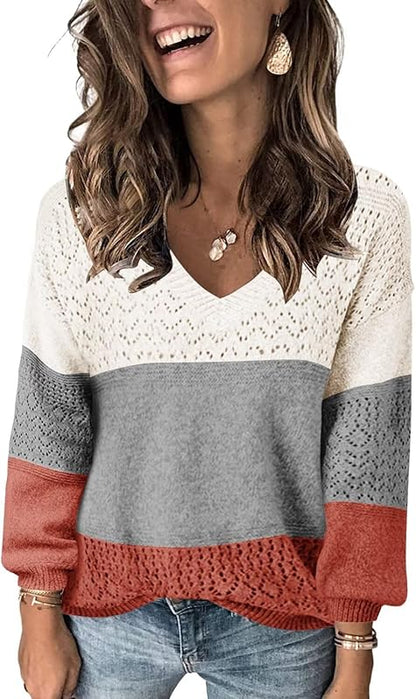Womens Sweaters 2025 Fall V Neck Long Sleeve Hollow Knit Pullover Sweaters for Women
