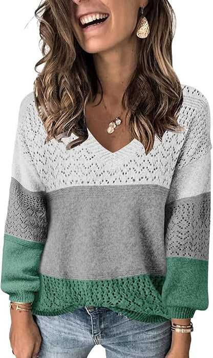 Womens Sweaters 2025 Fall V Neck Long Sleeve Hollow Knit Pullover Sweaters for Women