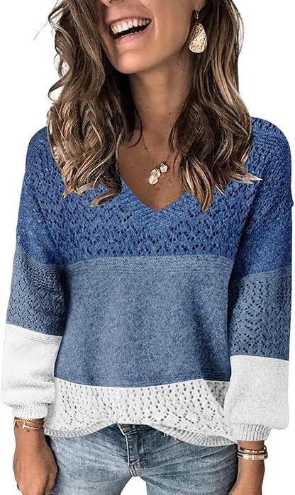 Womens Sweaters 2025 Fall V Neck Long Sleeve Hollow Knit Pullover Sweaters for Women