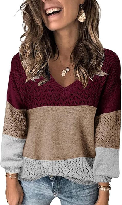 Womens Sweaters 2025 Fall V Neck Long Sleeve Hollow Knit Pullover Sweaters for Women