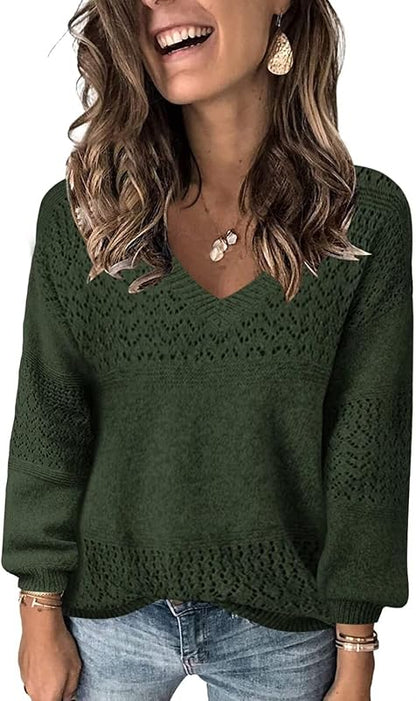 Womens Sweaters 2025 Fall V Neck Long Sleeve Hollow Knit Pullover Sweaters for Women