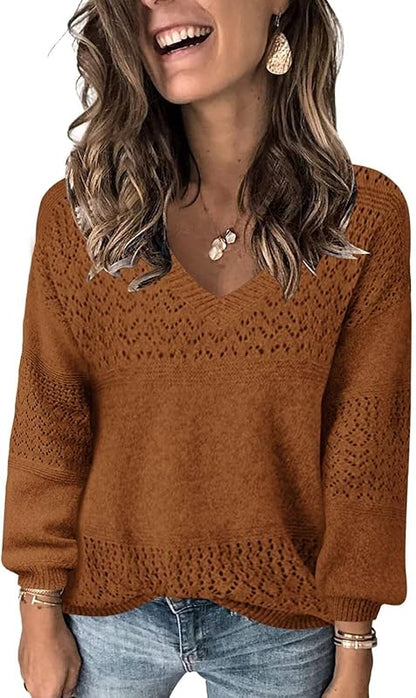 Womens Sweaters 2025 Fall V Neck Long Sleeve Hollow Knit Pullover Sweaters for Women