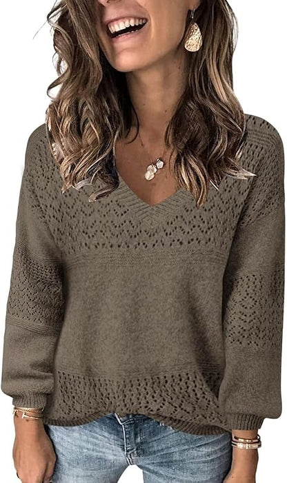Womens Sweaters 2025 Fall V Neck Long Sleeve Hollow Knit Pullover Sweaters for Women