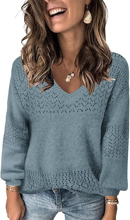Womens Sweaters 2025 Fall V Neck Long Sleeve Hollow Knit Pullover Sweaters for Women