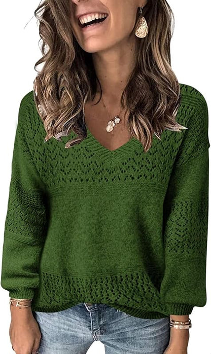 Womens Sweaters 2025 Fall V Neck Long Sleeve Hollow Knit Pullover Sweaters for Women