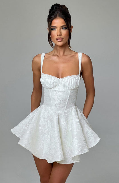 Womens Sweetheart Neckline Satin A-line Spaghetti Straps Jacquard Mini Dress Bow Sleeveless Cocktail Prom Dress