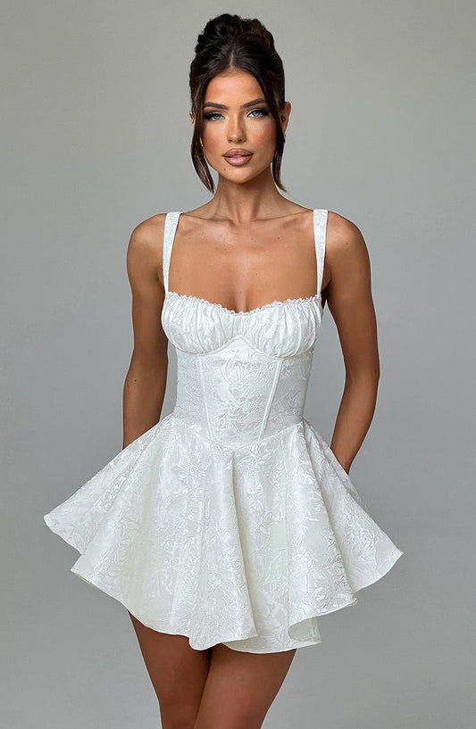 Womens Sweetheart Neckline Satin A-line Spaghetti Straps Jacquard Mini Dress Bow Sleeveless Cocktail Prom Dress - Seldom Seen Styles