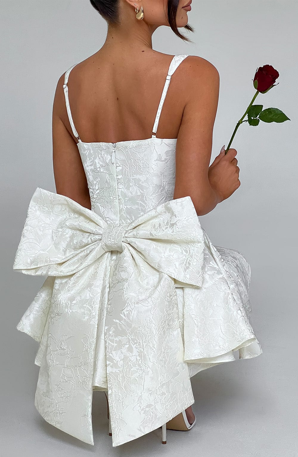 Womens Sweetheart Neckline Satin A-line Spaghetti Straps Jacquard Mini Dress Bow Sleeveless Cocktail Prom Dress - Seldom Seen Styles