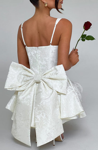 Womens Sweetheart Neckline Satin A-line Spaghetti Straps Jacquard Mini Dress Bow Sleeveless Cocktail Prom Dress