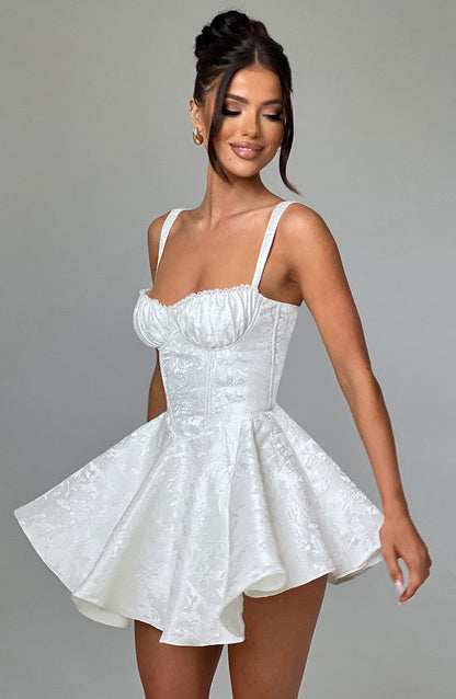 Womens Sweetheart Neckline Satin A-line Spaghetti Straps Jacquard Mini Dress Bow Sleeveless Cocktail Prom Dress