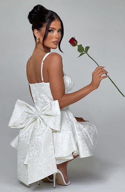 Womens Sweetheart Neckline Satin A-line Spaghetti Straps Jacquard Mini Dress Bow Sleeveless Cocktail Prom Dress