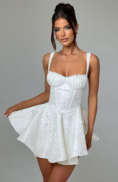 Womens Sweetheart Neckline Satin A-line Spaghetti Straps Jacquard Mini Dress Bow Sleeveless Cocktail Prom Dress