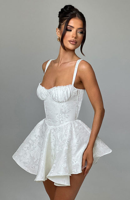 Womens Sweetheart Neckline Satin A-line Spaghetti Straps Jacquard Mini Dress Bow Sleeveless Cocktail Prom Dress