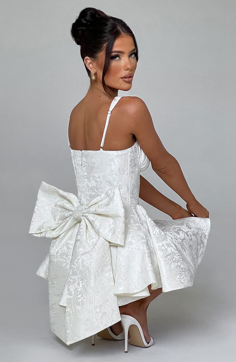Womens Sweetheart Neckline Satin A-line Spaghetti Straps Jacquard Mini Dress Bow Sleeveless Cocktail Prom Dress - Seldom Seen Styles