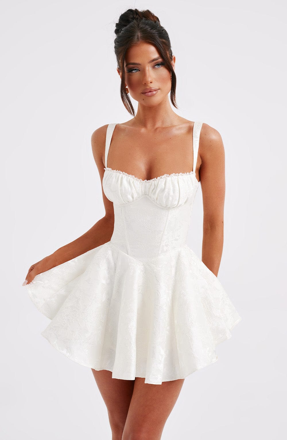 Womens Sweetheart Neckline Satin A-line Spaghetti Straps Jacquard Mini Dress Bow Sleeveless Cocktail Prom Dress - Seldom Seen Styles