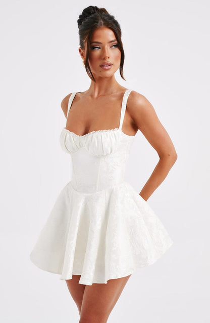 Womens Sweetheart Neckline Satin A-line Spaghetti Straps Jacquard Mini Dress Bow Sleeveless Cocktail Prom Dress