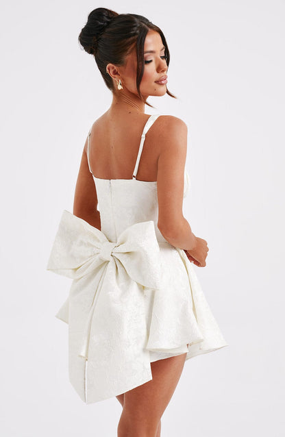 Womens Sweetheart Neckline Satin A-line Spaghetti Straps Jacquard Mini Dress Bow Sleeveless Cocktail Prom Dress