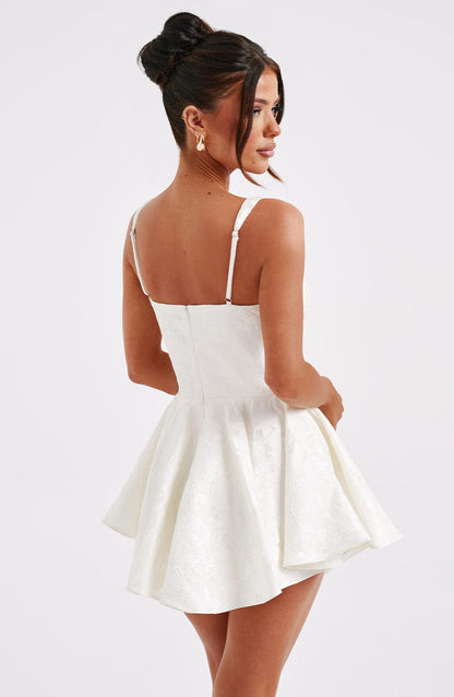 Womens Sweetheart Neckline Satin A-line Spaghetti Straps Jacquard Mini Dress Bow Sleeveless Cocktail Prom Dress