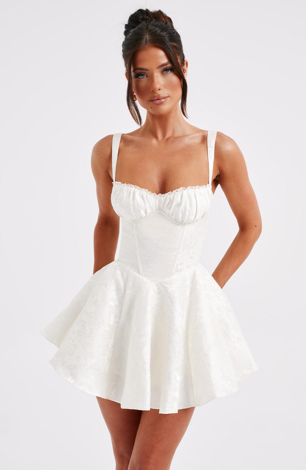 Womens Sweetheart Neckline Satin A-line Spaghetti Straps Jacquard Mini Dress Bow Sleeveless Cocktail Prom Dress - Seldom Seen Styles