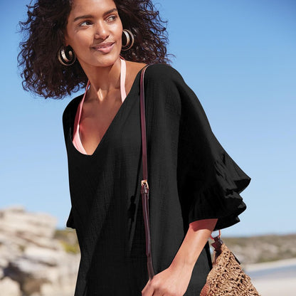 Damen Badeanzug Cover Up V-Ausschnitt Badeanzug Strandkleid Sexy Rüschenärmel Bikini Cover Up Lockeres Top