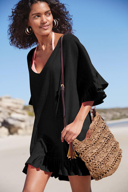 Damen Badeanzug Cover Up V-Ausschnitt Badeanzug Strandkleid Sexy Rüschenärmel Bikini Cover Up Lockeres Top