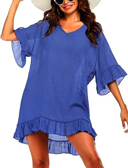 Damen Badeanzug Cover Up V-Ausschnitt Badeanzug Strandkleid Sexy Rüschenärmel Bikini Cover Up Lockeres Top