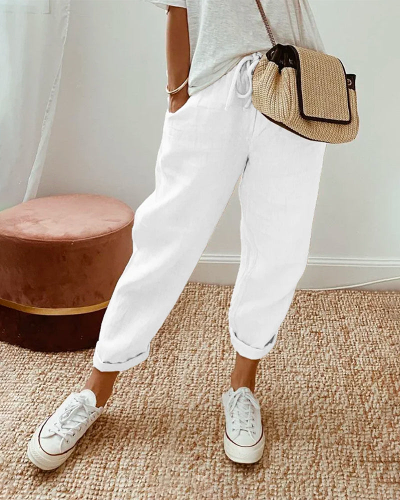 Womens Tapered Pants Cotton Linen Drawstring Back Elastic Waist Pants Casual Trousers with Pockets - Seldom Seen Styles