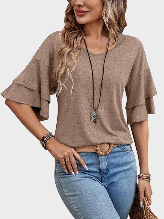 Womens Top Ruffle Sleeve Blouses V Neck T Shirts Casual Outfit Bell Sleeve Tee - Seldom Seen Styles
