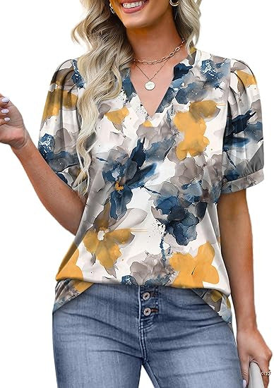 Womens Tops Summer Short Sleeve V Neck Blouses Business Casual Loose Fit Tshirts Trendy Fashion Outfits
