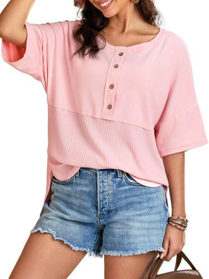 Damen Waffelstrick-Tops 2025 Mode 3/4 Ärmel Casual Button-Down-Shirts Rundhals Oversized Patchwork-Blusen