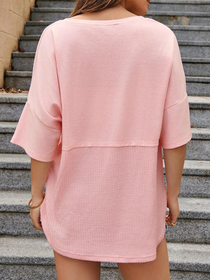 Damen Waffelstrick-Tops 2025 Mode 3/4 Ärmel Casual Button-Down-Shirts Rundhals Oversized Patchwork-Blusen