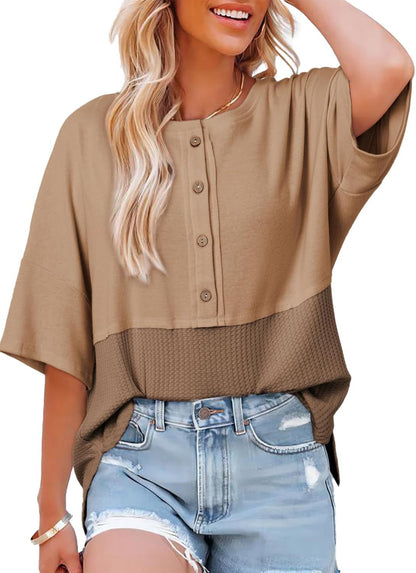 Damen Waffelstrick-Tops 2025 Mode 3/4 Ärmel Casual Button-Down-Shirts Rundhals Oversized Patchwork-Blusen