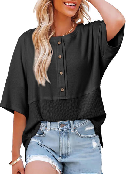 Damen Waffelstrick-Tops 2025 Mode 3/4 Ärmel Casual Button-Down-Shirts Rundhals Oversized Patchwork-Blusen