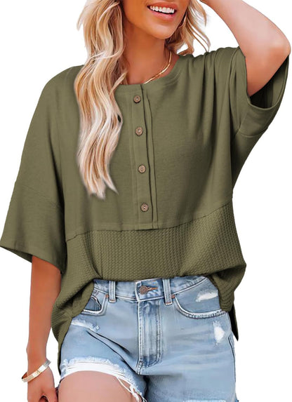Damen Waffelstrick-Tops 2025 Mode 3/4 Ärmel Casual Button-Down-Shirts Rundhals Oversized Patchwork-Blusen