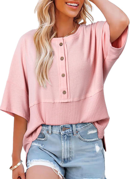Damen Waffelstrick-Tops 2025 Mode 3/4 Ärmel Casual Button-Down-Shirts Rundhals Oversized Patchwork-Blusen