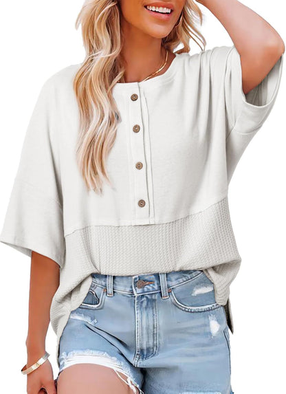 Damen Waffelstrick-Tops 2025 Mode 3/4 Ärmel Casual Button-Down-Shirts Rundhals Oversized Patchwork-Blusen
