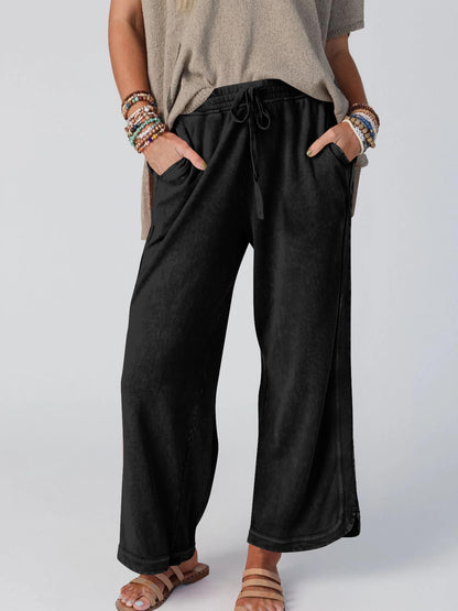 Womens Washed Wide Leg Sweatpants Vintage High Waist Baggy Pants Drawstring Athletic Palazzo Trousers with Pockets