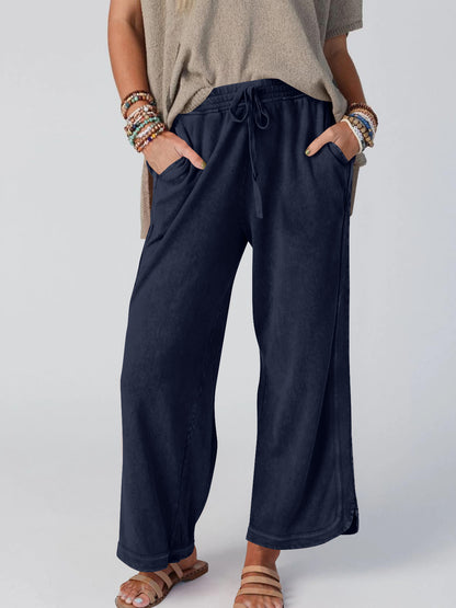 Womens Washed Wide Leg Sweatpants Vintage High Waist Baggy Pants Drawstring Athletic Palazzo Trousers with Pockets