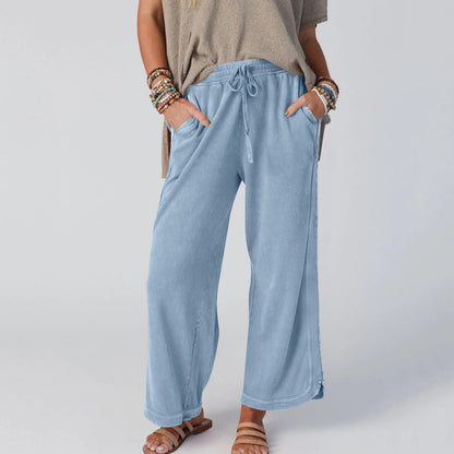 Womens Washed Wide Leg Sweatpants Vintage High Waist Baggy Pants Drawstring Athletic Palazzo Trousers with Pockets