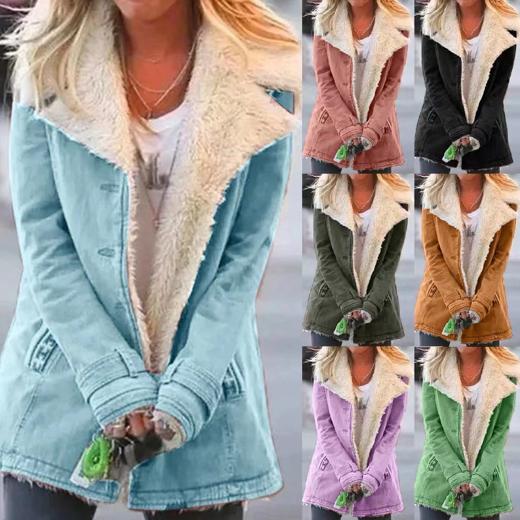 Womens Winter Warm Jackets Long Sleeve Stand Collar Wool Liner Sherpa Fleece Coats Thicker Outerwear with Pockets - Seldom Seen Styles