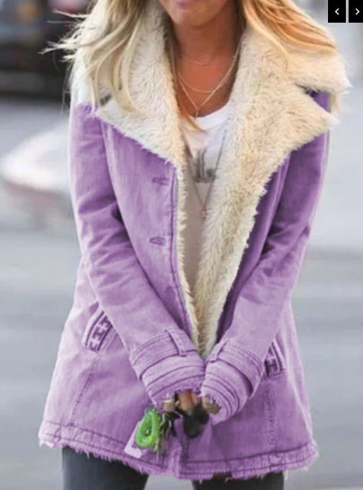 Womens Winter Warm Jackets Long Sleeve Stand Collar Wool Liner Sherpa Fleece Coats Thicker Outerwear with Pockets - Seldom Seen Styles