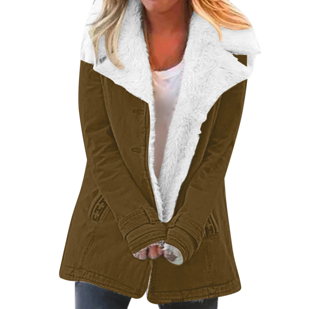 Womens Winter Warm Jackets Long Sleeve Stand Collar Wool Liner Sherpa Fleece Coats Thicker Outerwear with Pockets - Seldom Seen Styles