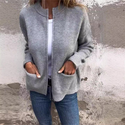 Cardigans zippés pour femmes Col rond Vestes tendance Manches longues Tenues Mode automne 2025 Vêtements d'hiver