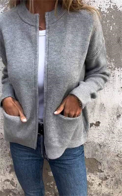 Cardigans zippés pour femmes Col rond Vestes tendance Manches longues Tenues Mode automne 2025 Vêtements d'hiver