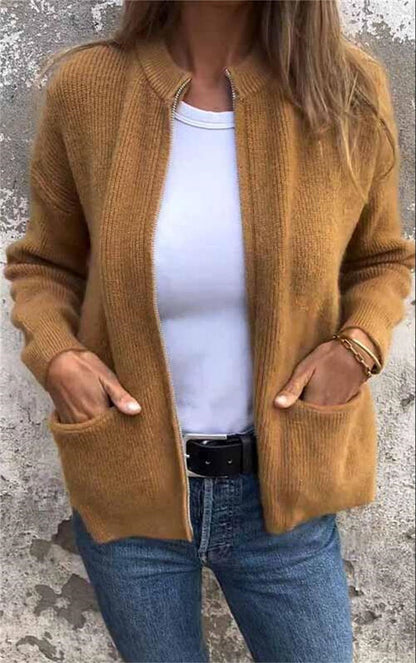 Cardigans zippés pour femmes Col rond Vestes tendance Manches longues Tenues Mode automne 2025 Vêtements d'hiver